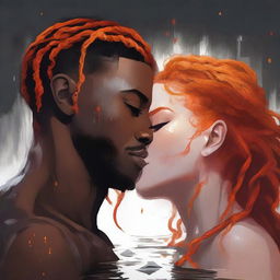 A high-quality digital art book cover featuring a black man with golden eyes and braids, passionately kissing a white woman with vibrant orange hair on the left side