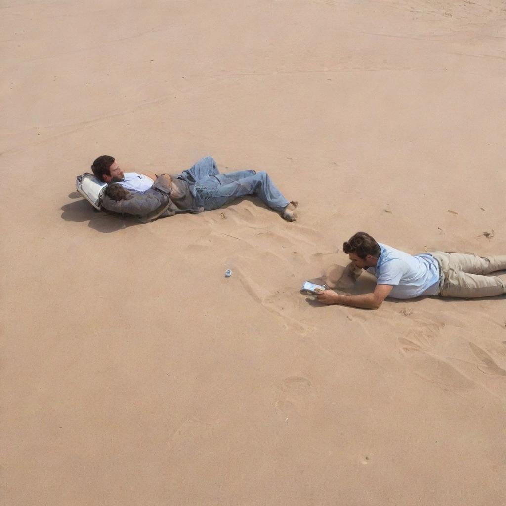 Generate an image of two men in a desert setting, where one is talking on his cell phone and there is a discarded can lying on the sand nearby.