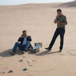 Generate an image of two men in a desert setting, where one is talking on his cell phone and there is a discarded can lying on the sand nearby.