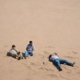 Generate an image of two men in a desert setting, where one is talking on his cell phone and there is a discarded can lying on the sand nearby.