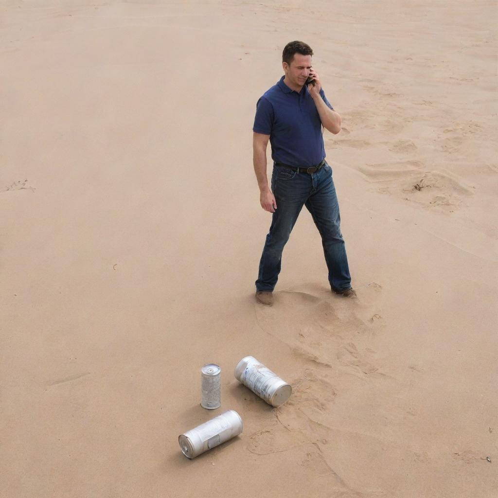 Generate an image of two men in a desert setting, where one is talking on his cell phone and there is a discarded can lying on the sand nearby.