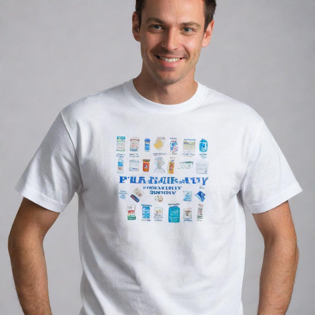 A white stage T-shirt prominently featuring various distinctive and unique pharmacy department logos.