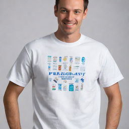 A white stage T-shirt prominently featuring various distinctive and unique pharmacy department logos.