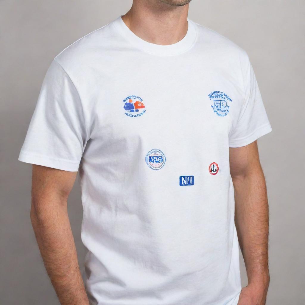 A white stage T-shirt prominently featuring various distinctive and unique pharmacy department logos.