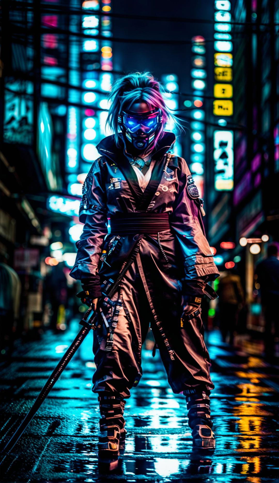 A candid photograph of a cyberpunk kunoichi in a neon-lit cityscape, caught off-guard amidst the urban chaos.