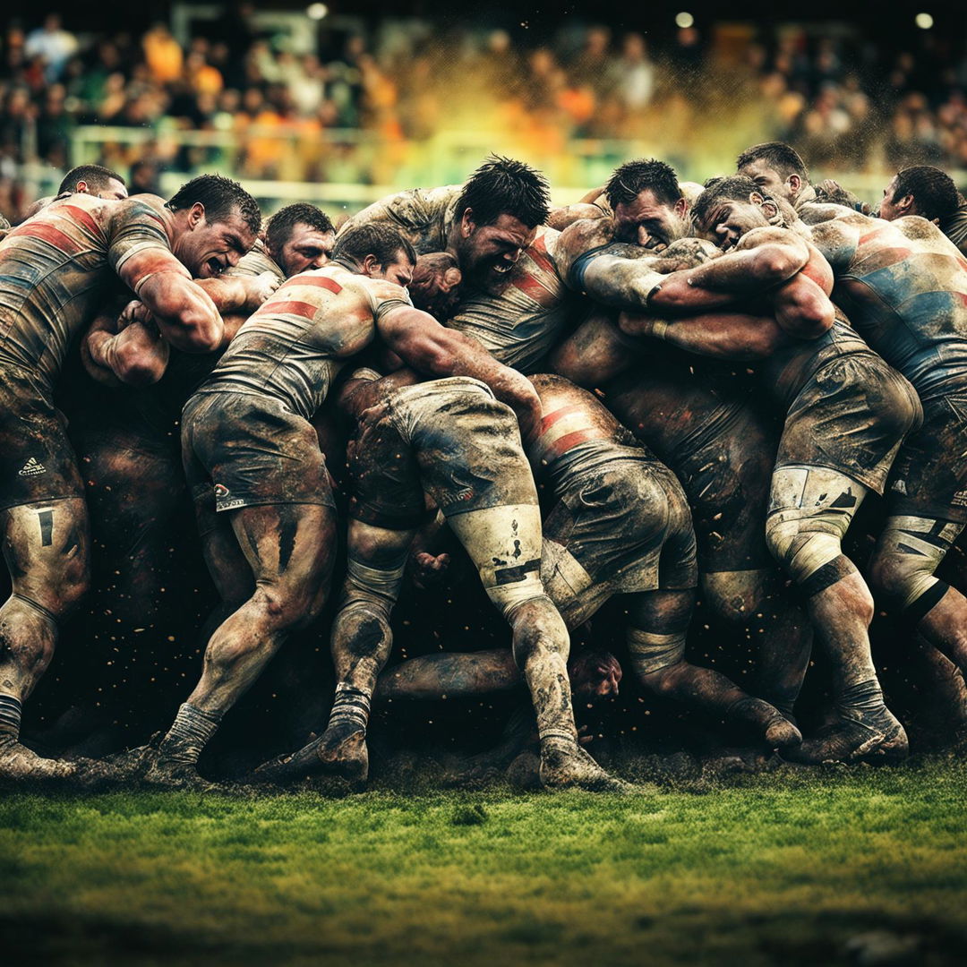 A digital art piece showing a prop in perfect form during a rugby scrum. The prop's muscular physique is evident as he locks arms with his teammates, ready to push against the opposition. The background is filled with blurred spectators and stadium lights.