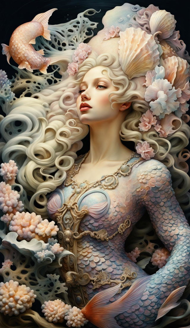 A Rococo-style painting of a siren in pastel colors, singing amidst an underwater landscape.