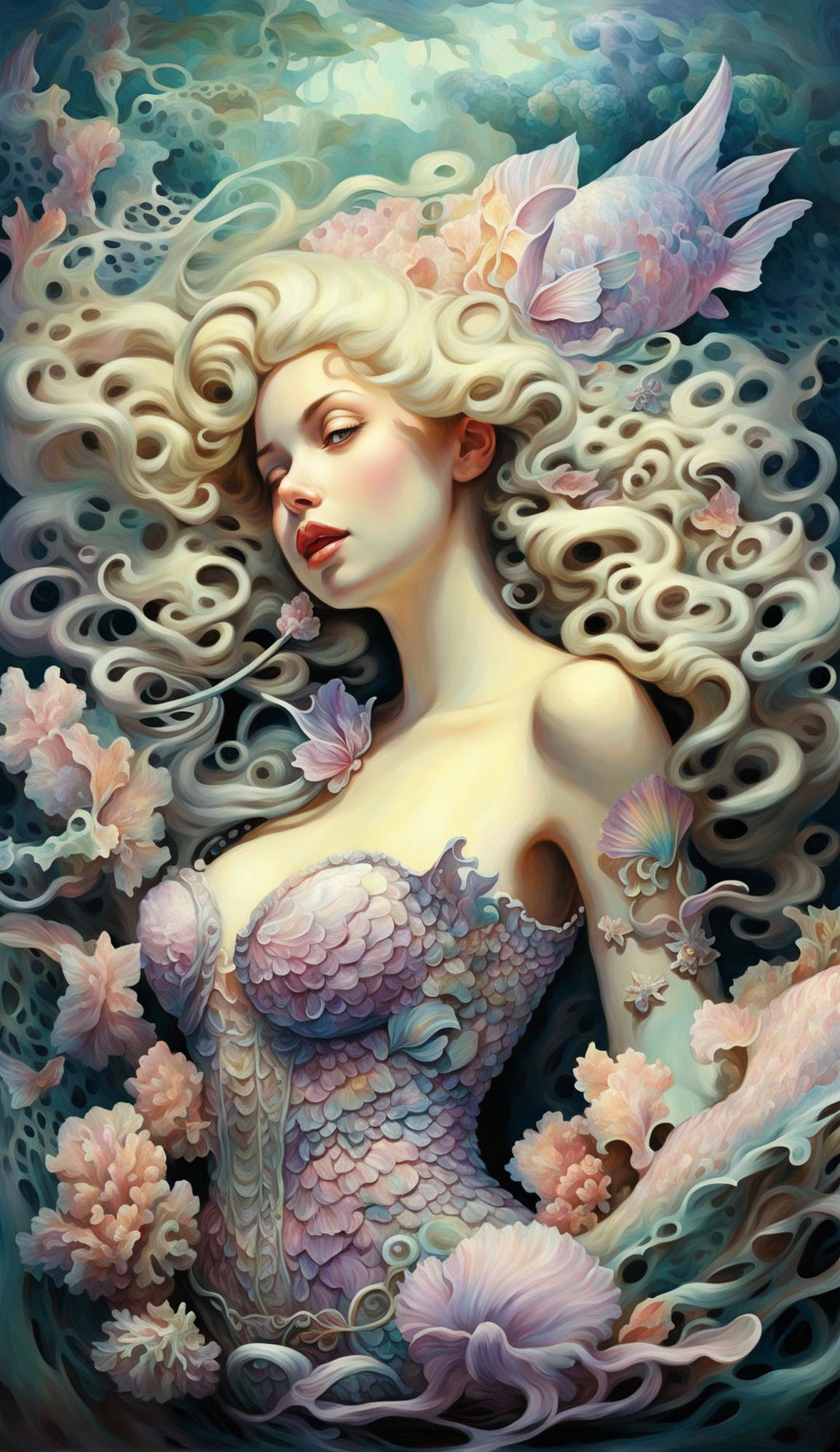 A Rococo-style painting of a siren in pastel colors, singing amidst an underwater landscape.