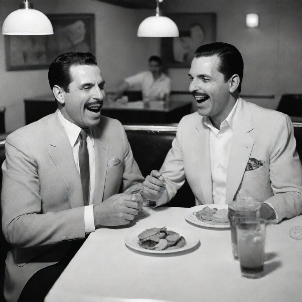 Freddie Mercury and Frank Sinatra enjoying dinner together, laughing and eating gourmet burgers in a vintage-style diner.