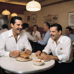 Freddie Mercury and Frank Sinatra enjoying dinner together, laughing and eating gourmet burgers in a vintage-style diner.