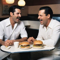 Freddie Mercury and Frank Sinatra enjoying dinner together, laughing and eating gourmet burgers in a vintage-style diner.