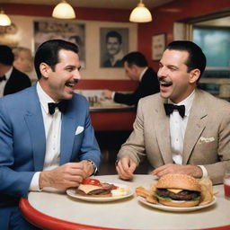 Freddie Mercury and Frank Sinatra enjoying dinner together, laughing and eating gourmet burgers in a vintage-style diner.