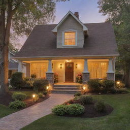 A cozy and welcoming home with warm light emanating from the windows and a beautiful front yard