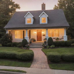 A cozy and welcoming home with warm light emanating from the windows and a beautiful front yard