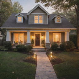 A cozy and welcoming home with warm light emanating from the windows and a beautiful front yard