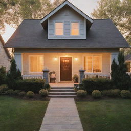 A cozy and welcoming home with warm light emanating from the windows and a beautiful front yard