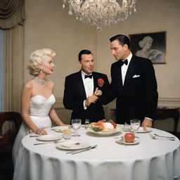 A surreal scene of Frank Sinatra and Freddie Mercury, both elegantly dressed, dining together, while a graceful Marilyn Monroe figure is symbolically represented as the centerpiece of the dinner spread.