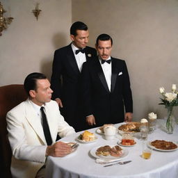 A surreal scene of Frank Sinatra and Freddie Mercury, both elegantly dressed, dining together, while a graceful Marilyn Monroe figure is symbolically represented as the centerpiece of the dinner spread.