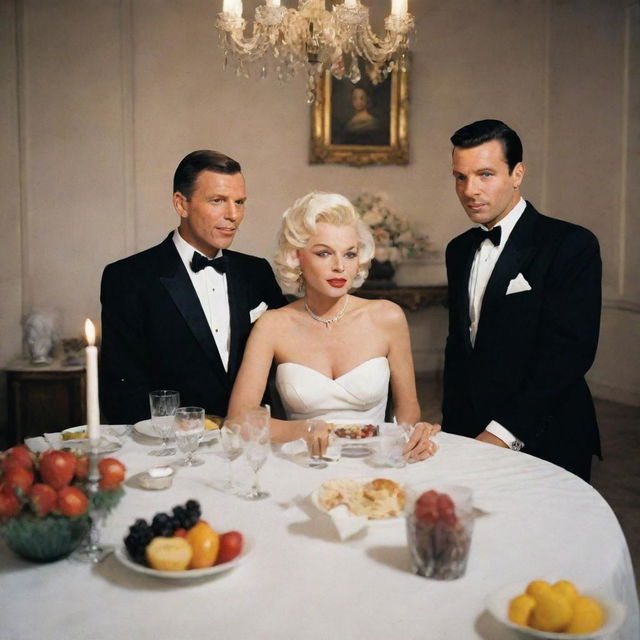 A surreal scene of Frank Sinatra and Freddie Mercury, both elegantly dressed, dining together, while a graceful Marilyn Monroe figure is symbolically represented as the centerpiece of the dinner spread.