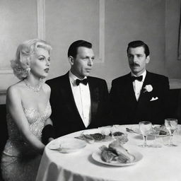 A surreal scene of Frank Sinatra and Freddie Mercury, both elegantly dressed, dining together, while a graceful Marilyn Monroe figure is symbolically represented as the centerpiece of the dinner spread.