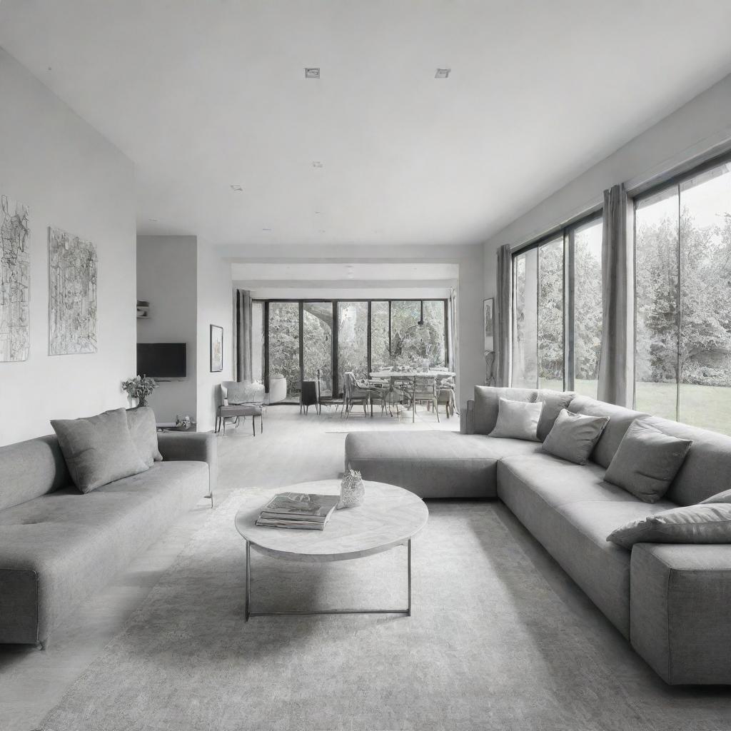 The interior of a house, sketched in pencil, transformed into a beautifully designed, modern and luxurious living space