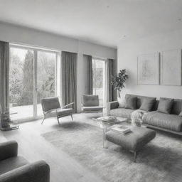 The interior of a house, sketched in pencil, transformed into a beautifully designed, modern and luxurious living space