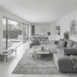 The interior of a house, sketched in pencil, transformed into a beautifully designed, modern and luxurious living space