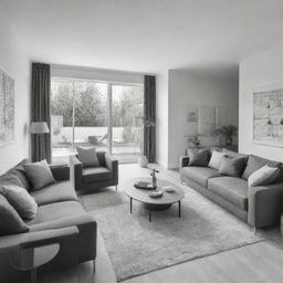 The interior of a house, sketched in pencil, transformed into a beautifully designed, modern and luxurious living space