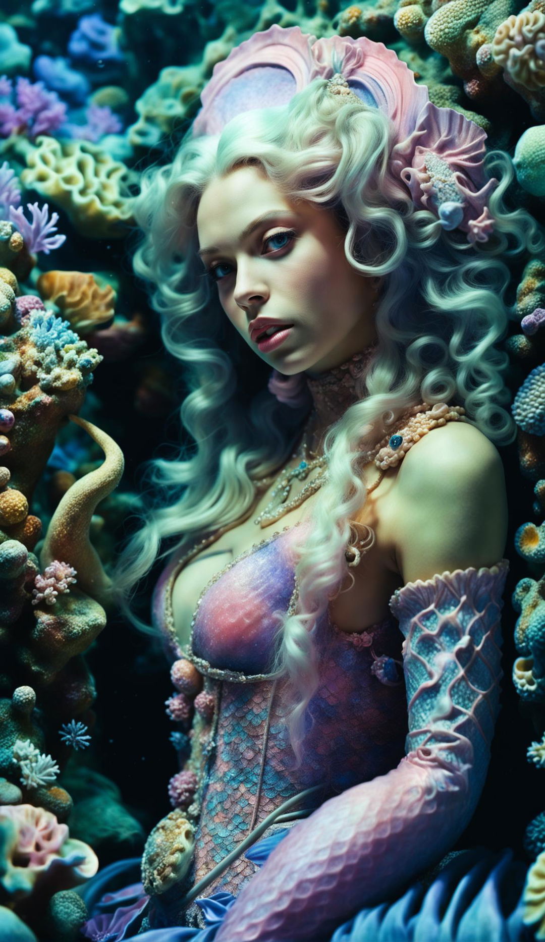 A candid photograph of a siren in Rococo pastel style, captured in her natural underwater habitat.