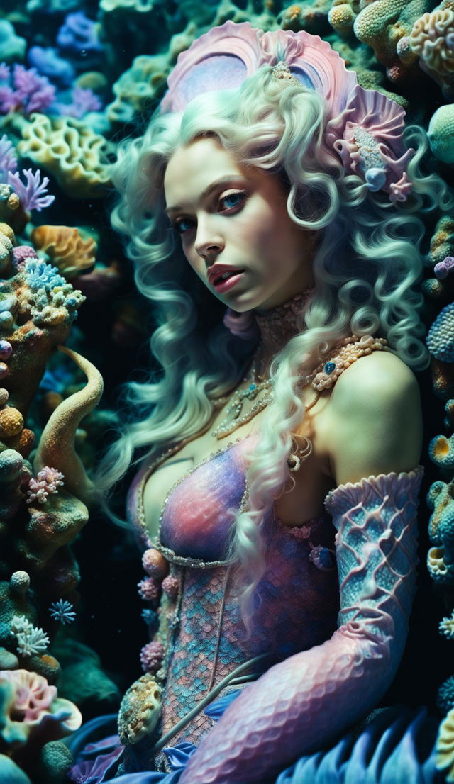 A candid photograph of a siren in Rococo pastel style, captured in her natural underwater habitat.