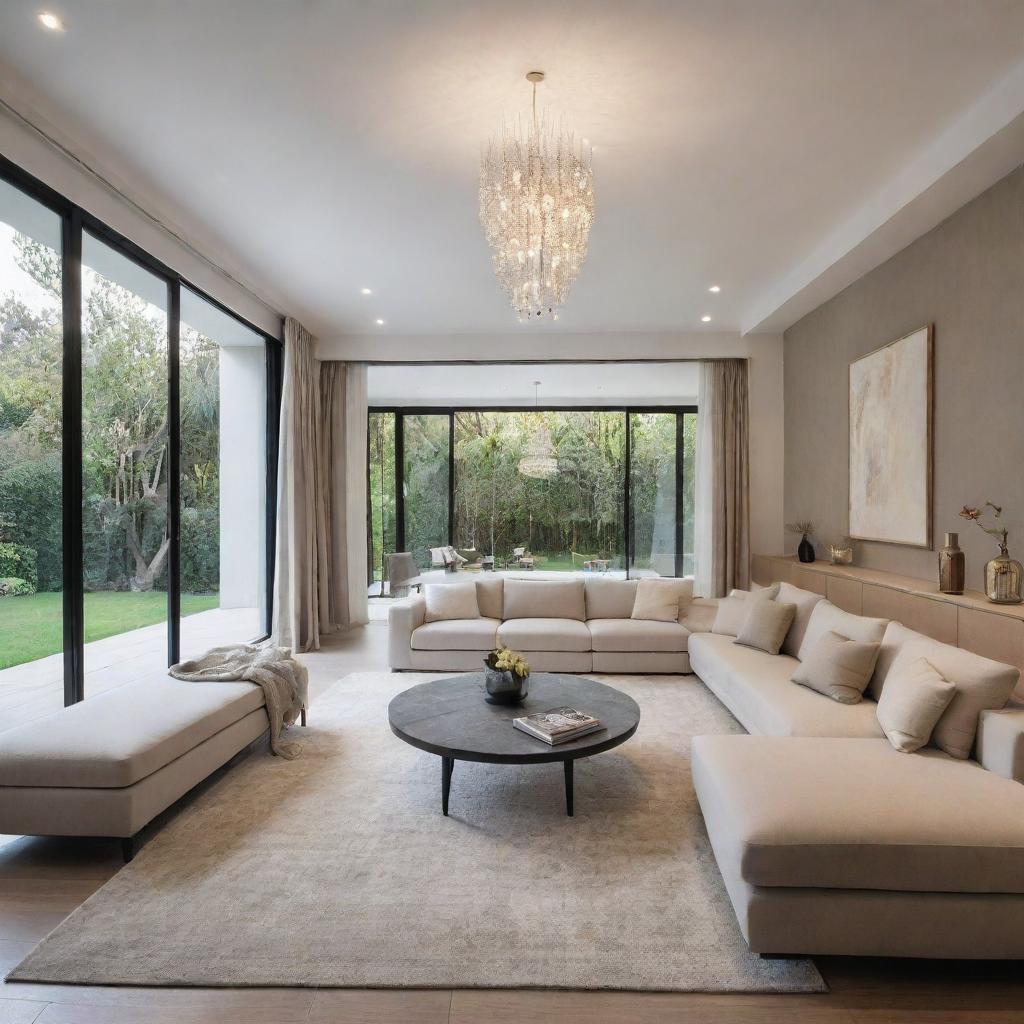 An exquisitely designed interior of a sketched house featuring modern fixtures, contemporary fine furniture, with a bright lighting and inviting atmosphere