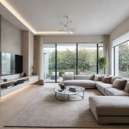 An exquisitely designed interior of a sketched house featuring modern fixtures, contemporary fine furniture, with a bright lighting and inviting atmosphere