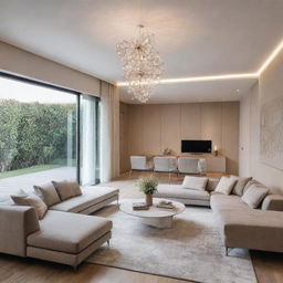 An exquisitely designed interior of a sketched house featuring modern fixtures, contemporary fine furniture, with a bright lighting and inviting atmosphere