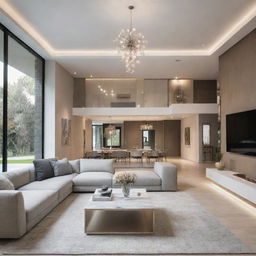 An exquisitely designed interior of a sketched house featuring modern fixtures, contemporary fine furniture, with a bright lighting and inviting atmosphere