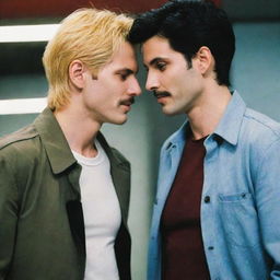 Freddie Mercury and Ash Lynx from Banana Fish sharing a moment together, in a blend of real and anime world interaction.