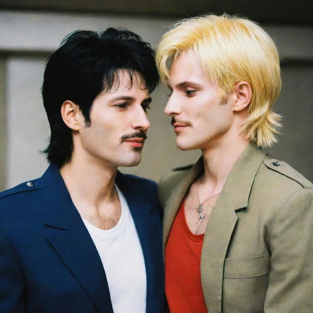 Freddie Mercury and Ash Lynx from Banana Fish sharing a moment together, in a blend of real and anime world interaction.