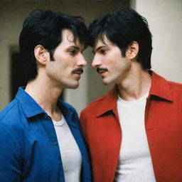 Freddie Mercury and Ash Lynx from Banana Fish sharing a moment together, in a blend of real and anime world interaction.