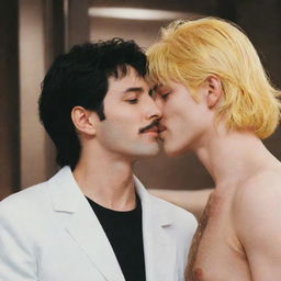 Freddie Mercury and Ash Lynx from Banana Fish sharing a moment together, in a blend of real and anime world interaction.