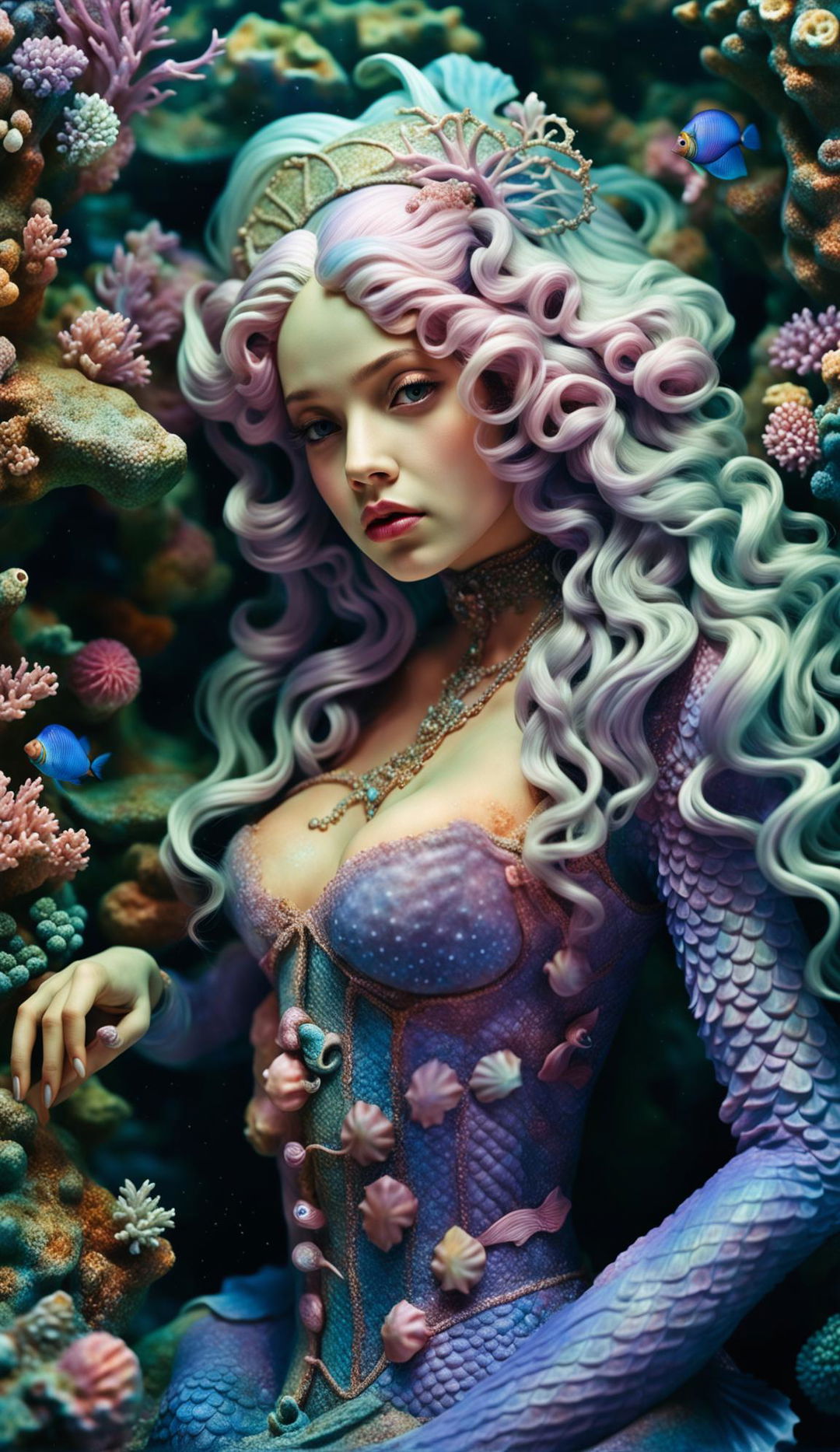 A candid photograph of a classic beauty siren in Rococo pastel style, looking away in her natural underwater habitat.