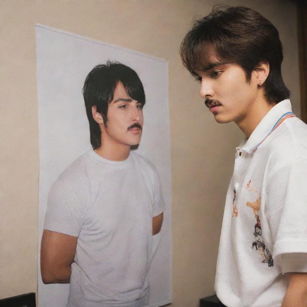 BTS's Jungkook admiring a poster of Freddie Mercury in his room, showing a heartfelt admiration for the legendary musician.