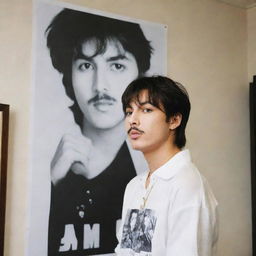 BTS's Jungkook admiring a poster of Freddie Mercury in his room, showing a heartfelt admiration for the legendary musician.