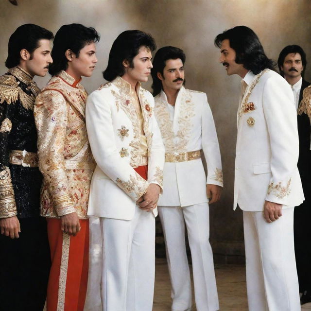 A heavenly imagery of music legends Michael Jackson, Elvis Presley, Freddie Mercury meeting with Jesus in an ethereal setting, demonstrating harmony transcending different eras.