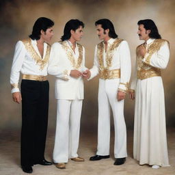 A heavenly imagery of music legends Michael Jackson, Elvis Presley, Freddie Mercury meeting with Jesus in an ethereal setting, demonstrating harmony transcending different eras.