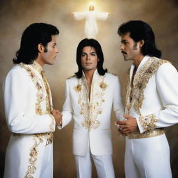 A heavenly imagery of music legends Michael Jackson, Elvis Presley, Freddie Mercury meeting with Jesus in an ethereal setting, demonstrating harmony transcending different eras.