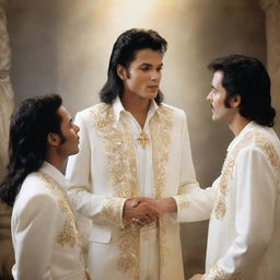 A heavenly imagery of music legends Michael Jackson, Elvis Presley, Freddie Mercury meeting with Jesus in an ethereal setting, demonstrating harmony transcending different eras.