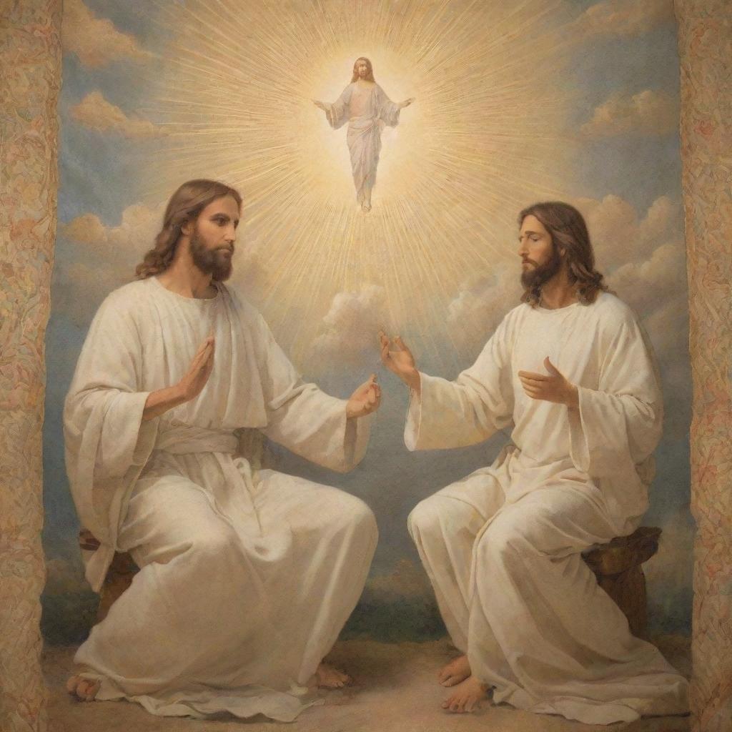 A sacred tapestry-like image of God and Jesus Christ in a heavenly setting, engaged in peaceful discussion.