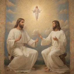 A sacred tapestry-like image of God and Jesus Christ in a heavenly setting, engaged in peaceful discussion.