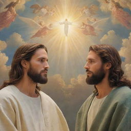 A sacred tapestry-like image of God and Jesus Christ in a heavenly setting, engaged in peaceful discussion.