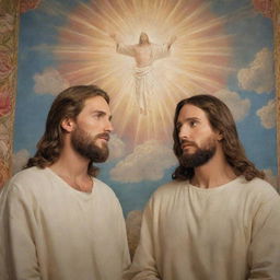 A sacred tapestry-like image of God and Jesus Christ in a heavenly setting, engaged in peaceful discussion.