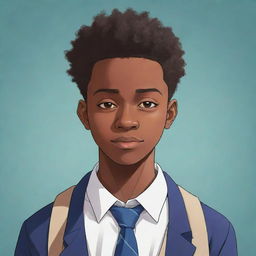 Anime style character illustration of a brilliant 18-year-old African male student, showing intelligence and determination.